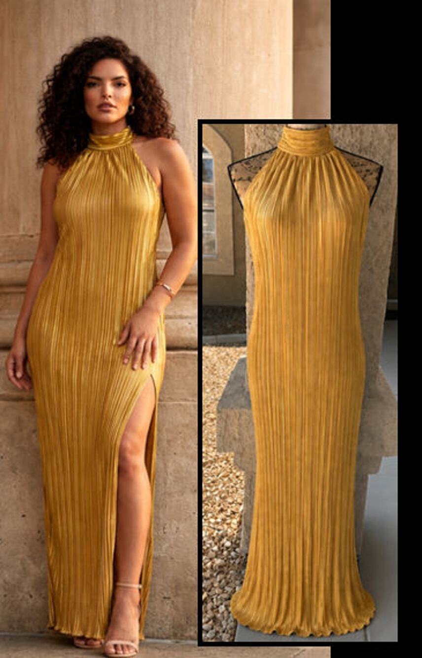 Lulus Gwenny Golden Yellow Satin Plisse Maxi Dress Size L NEW